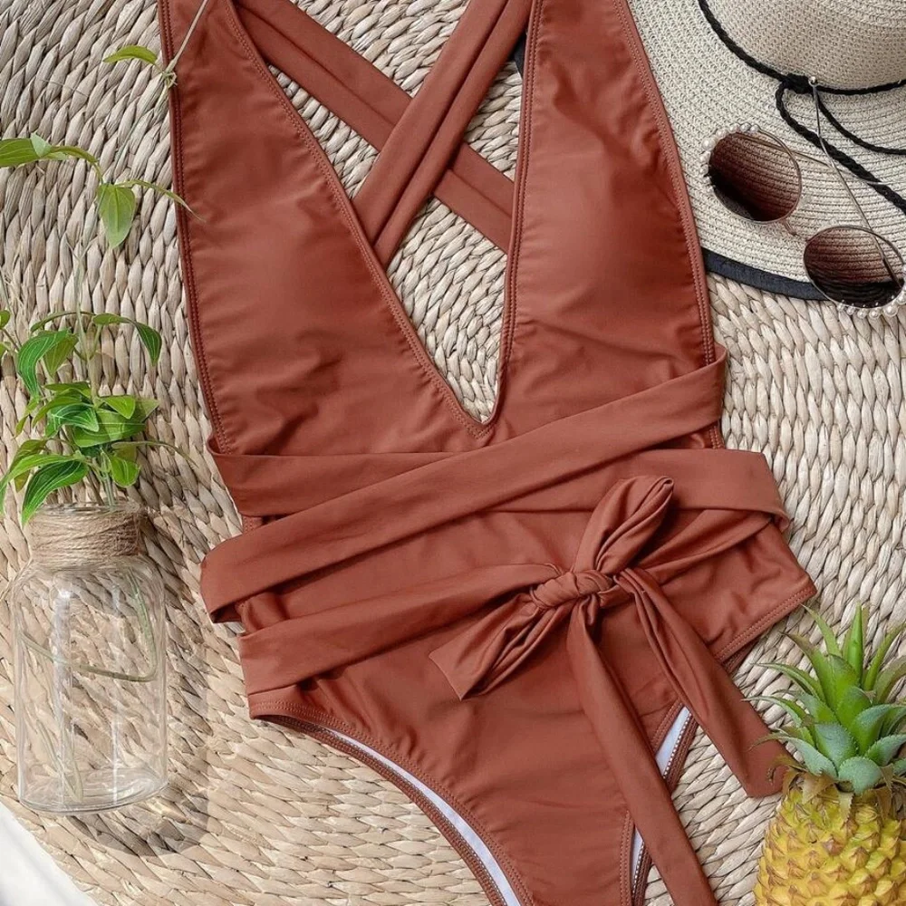 Boho Black plunging neckline wrap tie monokini One Piece Swim Beach - Picture 4 of 12